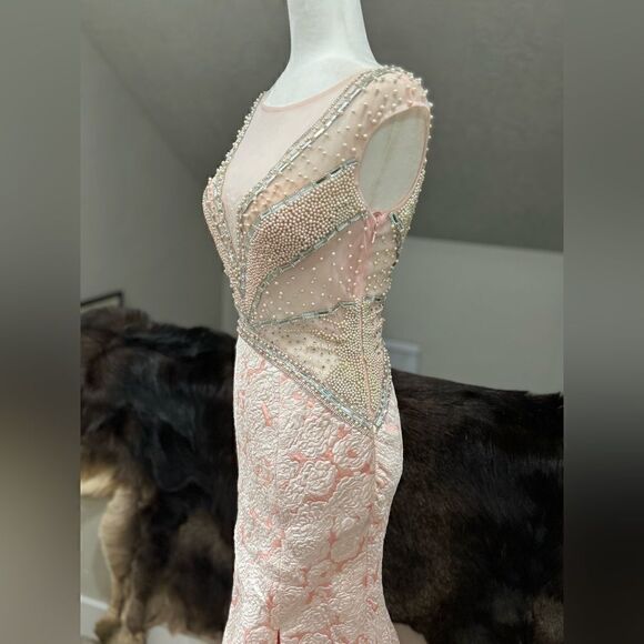 Custom Design Sample, Stunning Beads/Rhinestones Jacquard Brocade Fishtail Gown - Picture 6 of 15